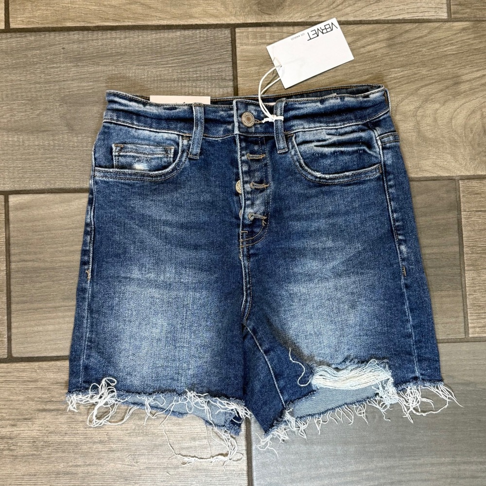 Vervet Rebecca High-Rise Denim Shorts Frayed Hem Button Fly Dark Wash XS